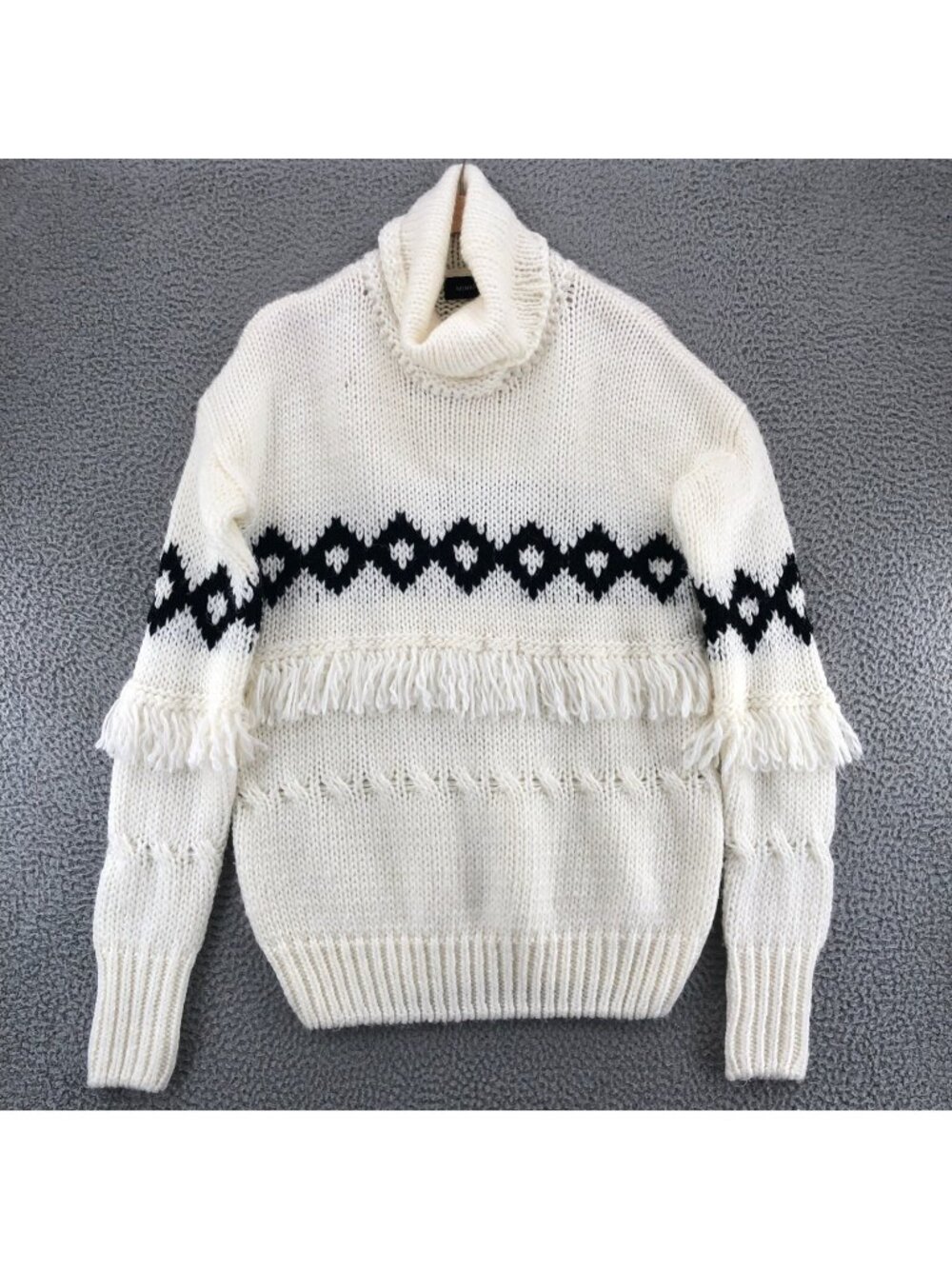 MinkPink Sweater Womens Medium White Diamond Turtleneck Fringe Balloon Sleeves